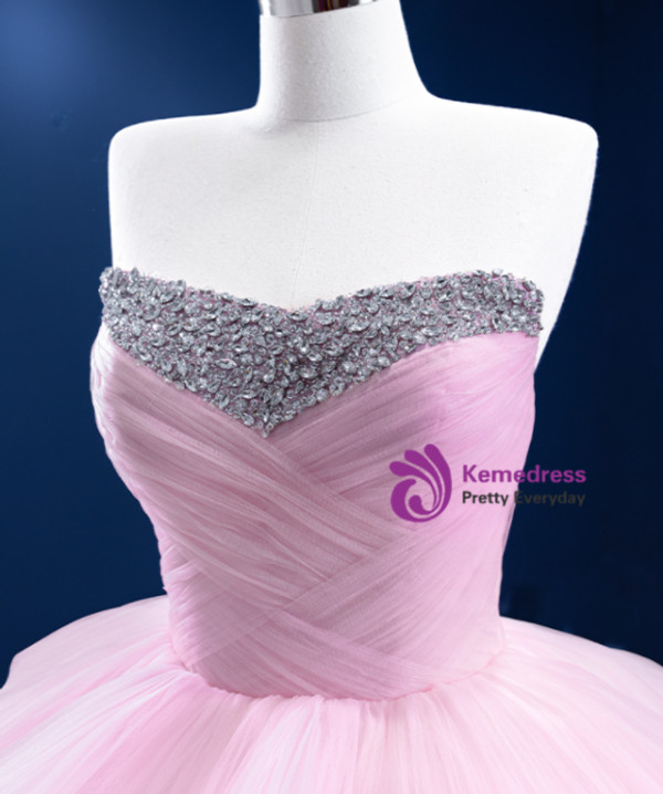 Pink Strapless Pleats Crystal Prom Dress