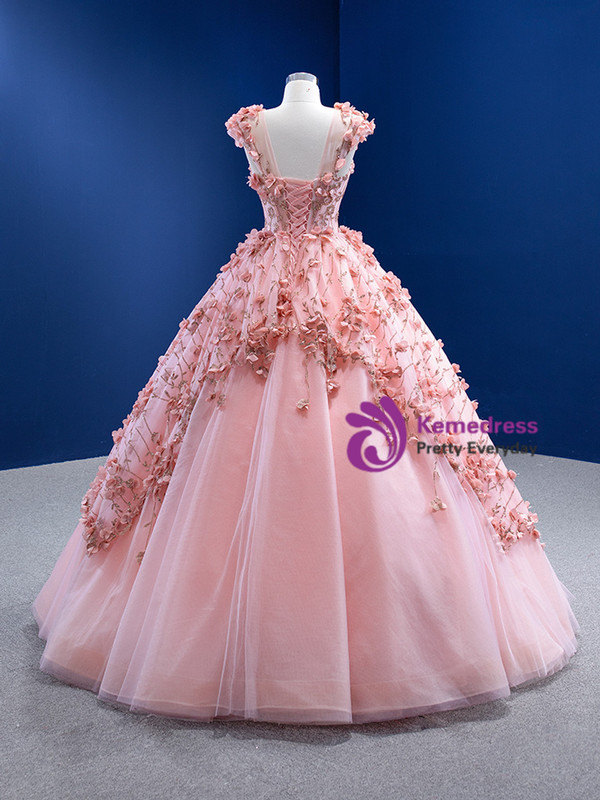 Pink Tulle Sequins Cap Sleeve Princess Prom Dress