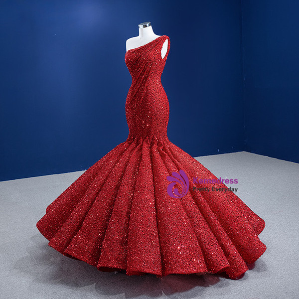 Sexy Red Mermaid Sequins One Shoulder Long Prom Dress