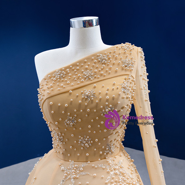 Champagne Tulle Pleats Pearls Beading Prom Dress