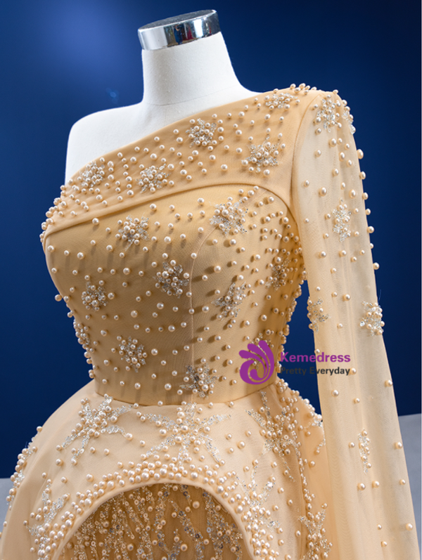 Champagne Tulle Pleats Pearls Beading Prom Dress