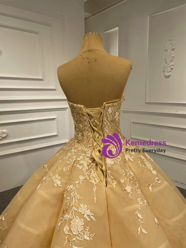 Champagne Sweetheart Lace Appliques Prom Dress