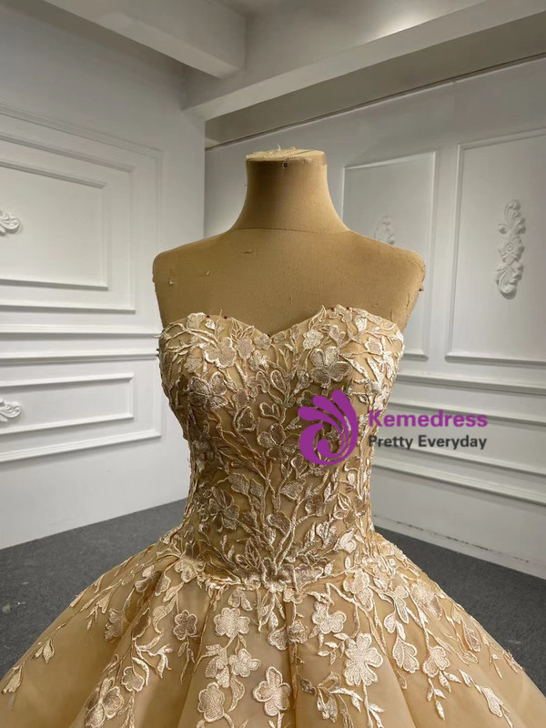 Champagne Sweetheart Lace Appliques Prom Dress