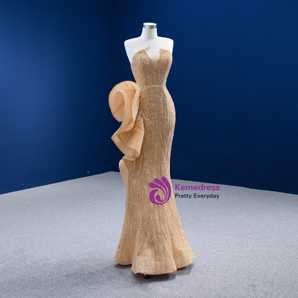 Champagne Mermaid Sequins Strapless Prom Dress