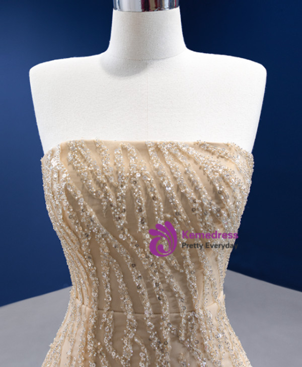 Champagne Mermaid Satin Sequins Beading Prom Dress With Detachable Train