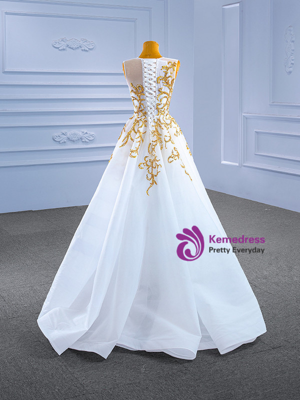 White Tulle Hi Lo Beading Sequins Prom Dress