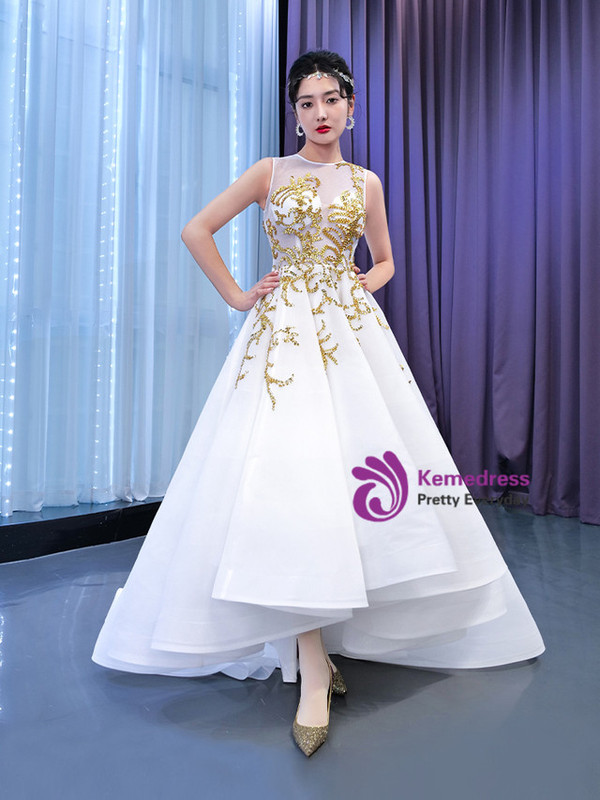 White Tulle Hi Lo Beading Sequins Prom Dress
