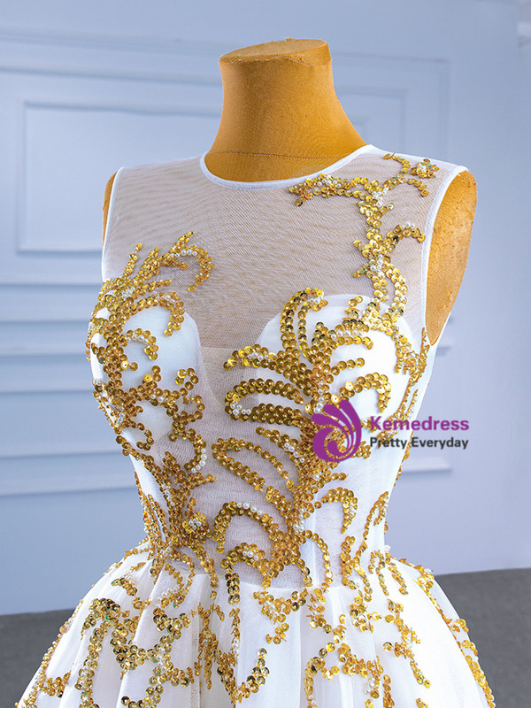 White Tulle Hi Lo Beading Sequins Prom Dress