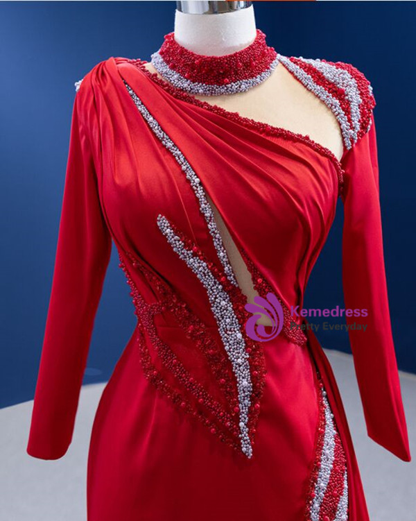 Red Long Sleeve High Neck Beading Pearls Prom Dress
