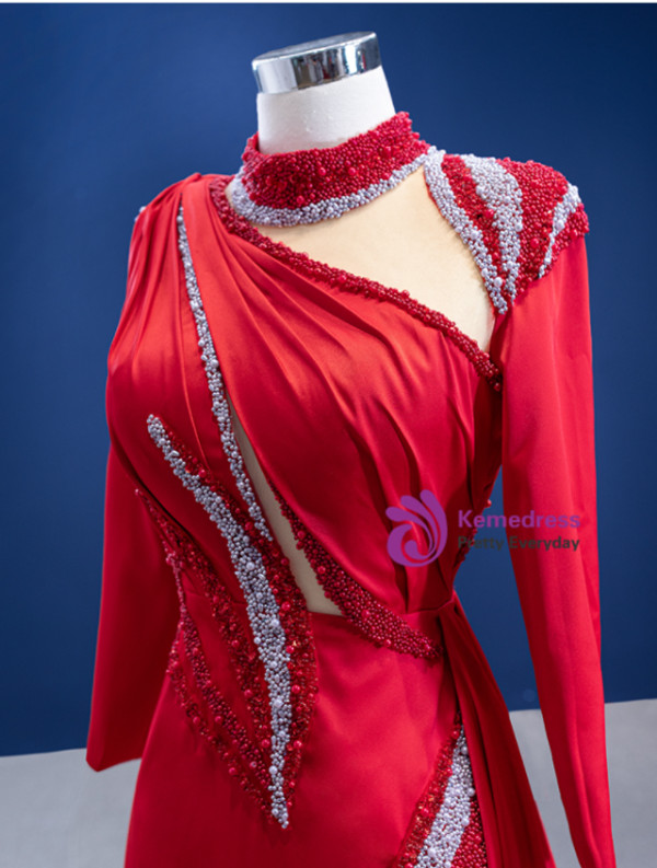 Red Long Sleeve High Neck Beading Pearls Prom Dress