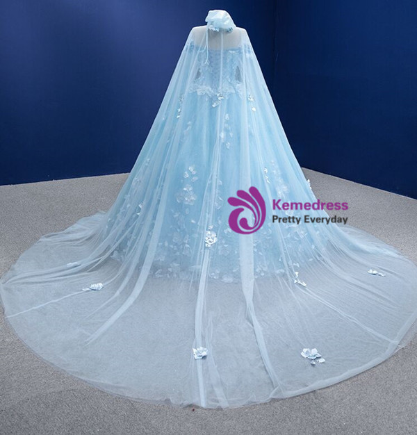 Blue Tulle 3D Appliques Off the Shoulder Prom Dress With Shawl