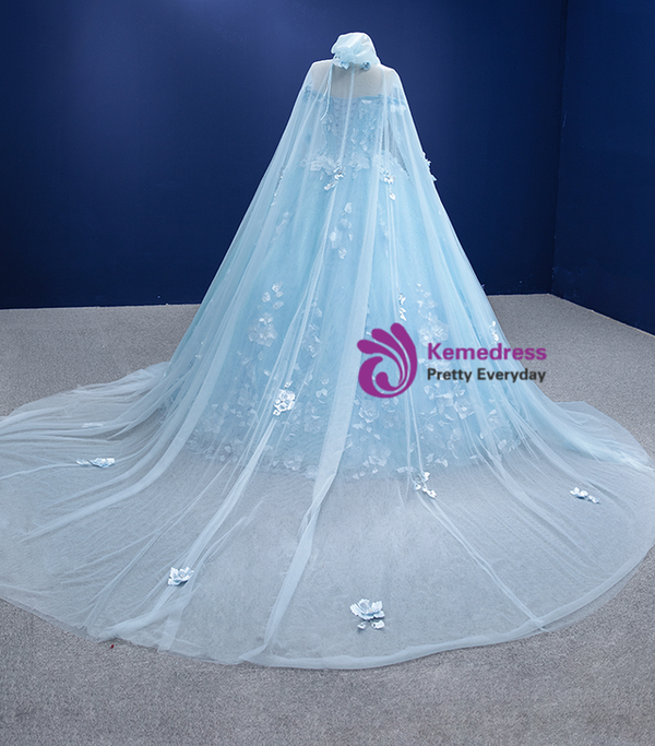 Blue Tulle 3D Appliques Off the Shoulder Prom Dress With Shawl