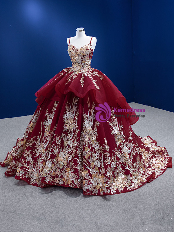 Burgundy Tulle 3D Spaghetti Straps Appliques Prom Dress