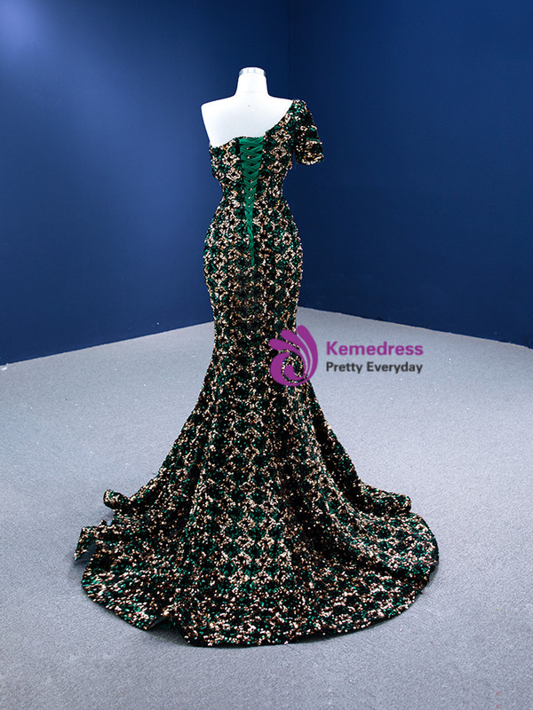 Trendy Green Mermaid Sequins One Shoulder Prom Dress