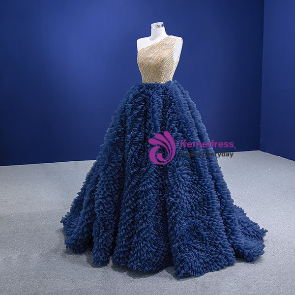 Blue Tulle Pleats One Shoulder Pleats Beading Prom Dress
