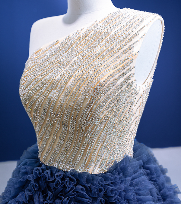 Blue Tulle Pleats One Shoulder Pleats Beading Prom Dress