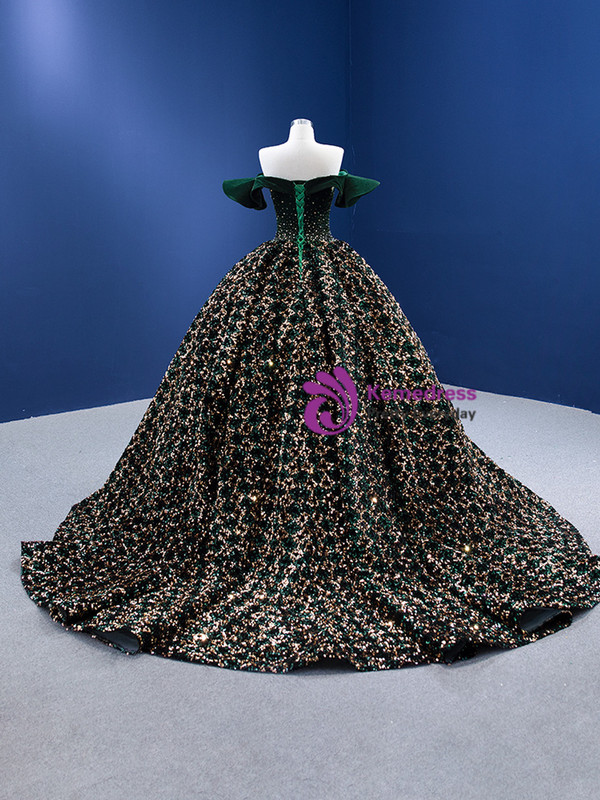Green Ball Gown Sequins Off the Shoulder Beading Prom Dress