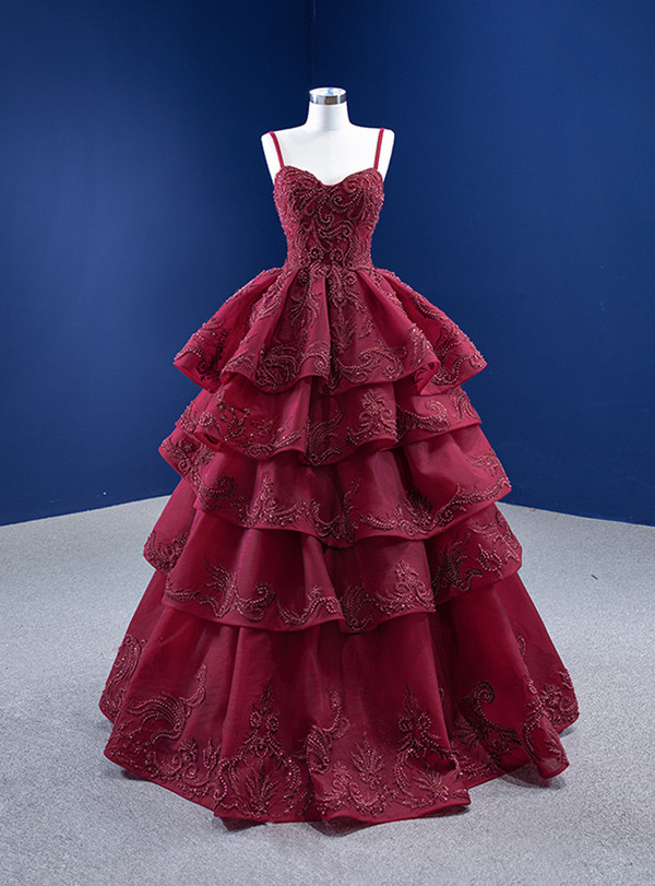 Burgundy Spaghetti Straps Tulle Beading Prom Dress