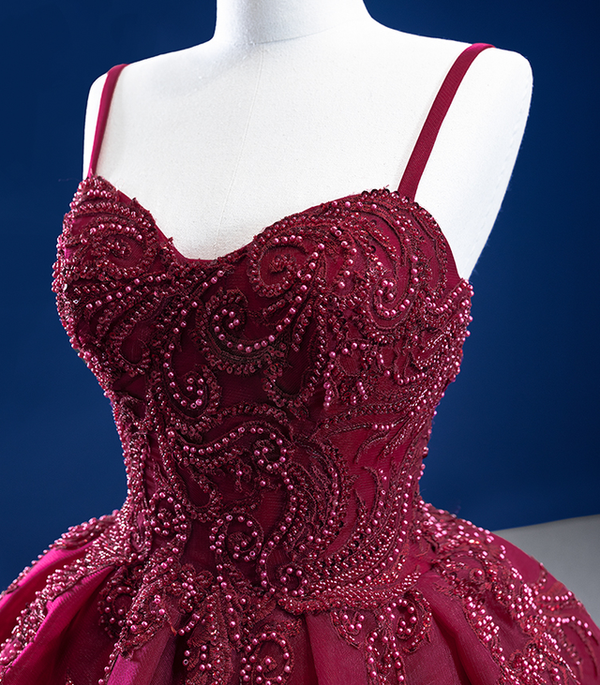 Burgundy Spaghetti Straps Tulle Beading Prom Dress