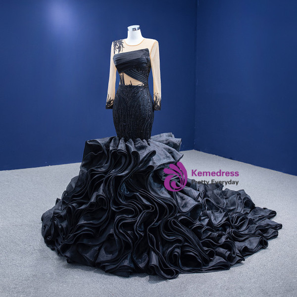 Black Mermaid Organza Long Sleeve Beading Pleats Prom Dress