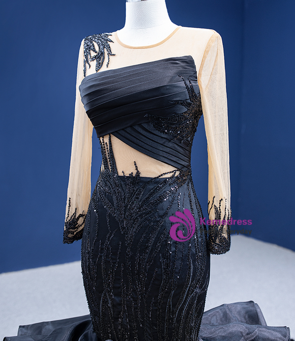 Black Mermaid Organza Long Sleeve Beading Pleats Prom Dress