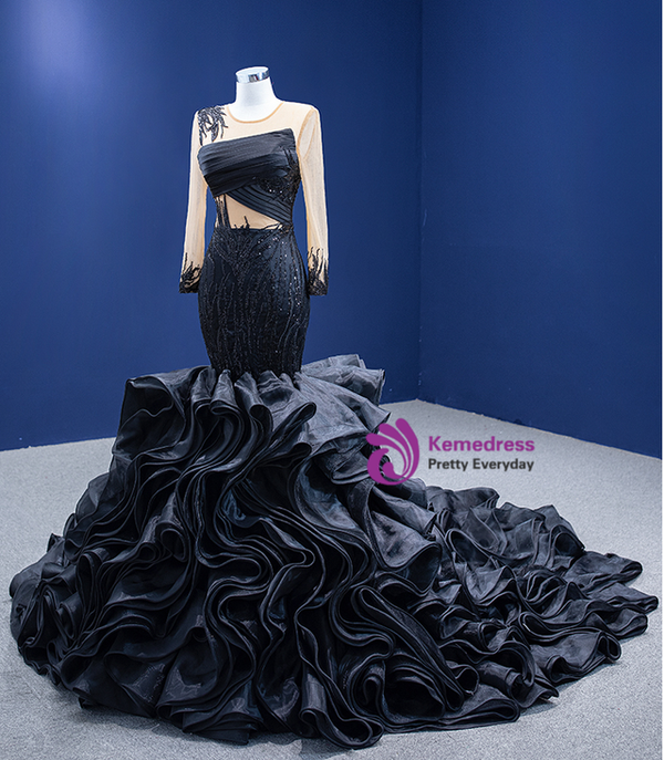 Black Mermaid Organza Long Sleeve Beading Pleats Prom Dress