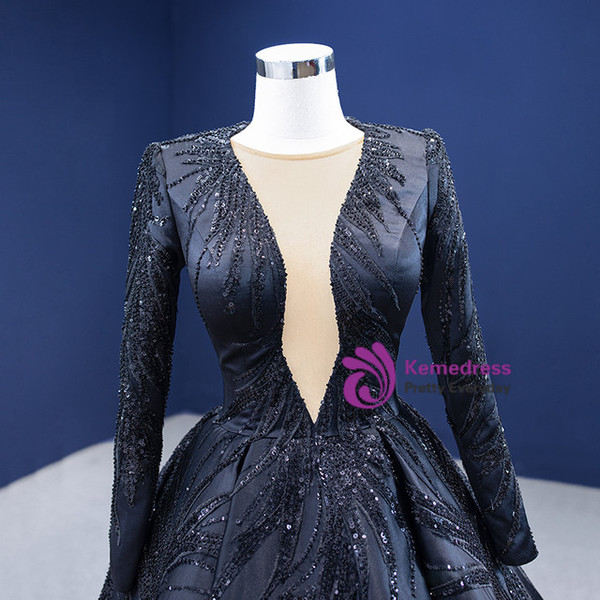 Black Satin Long Sleeve Sequins Beading Prom Dress