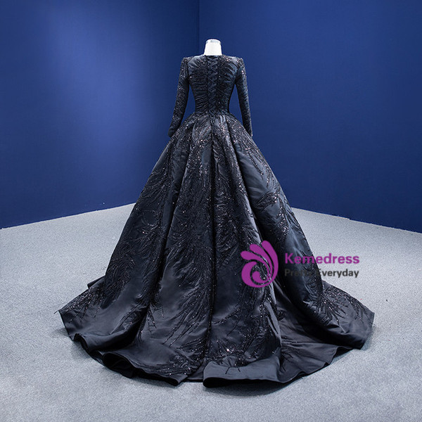 Black Satin Long Sleeve Sequins Beading Prom Dress