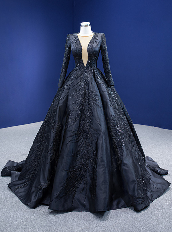 Black Satin Long Sleeve Sequins Beading Prom Dress