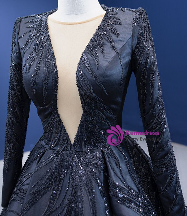 Black Satin Long Sleeve Sequins Beading Prom Dress