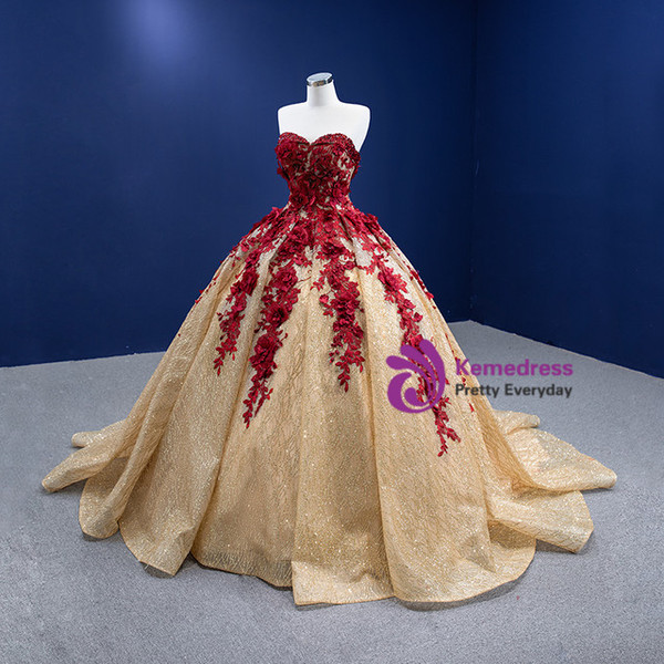 Gold Sequins Burgundy 3D Appliques Beading Prom Dress