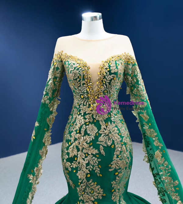 Green Mermaid Gold Sequins Appliques Crystal Prom Dress