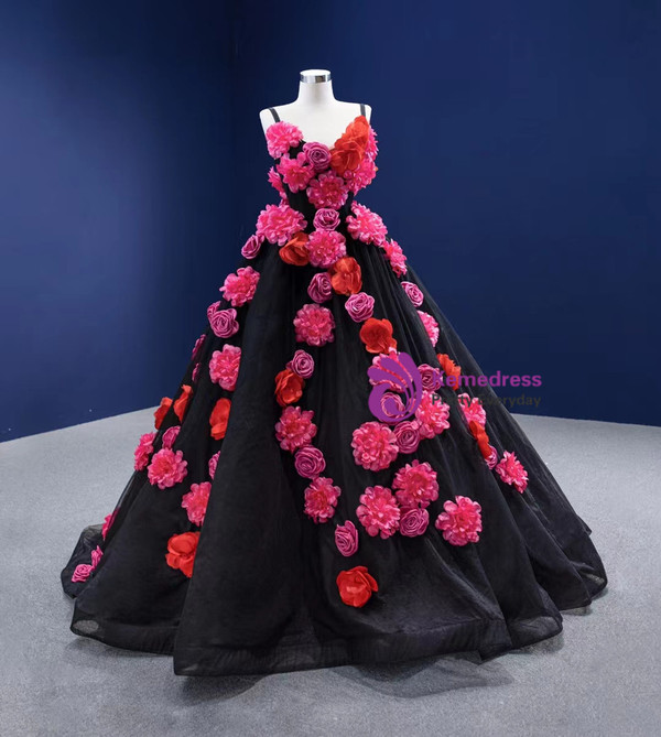 Black Tulle Spaghetti Straps Flower Prom Dress