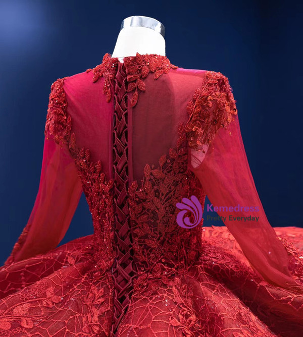 Sequins Lace High Neck Long Sleeve Beading Prom Dress