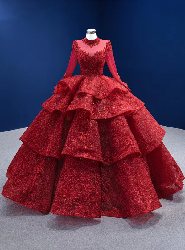 Sequins Lace High Neck Long Sleeve Beading Prom Dress