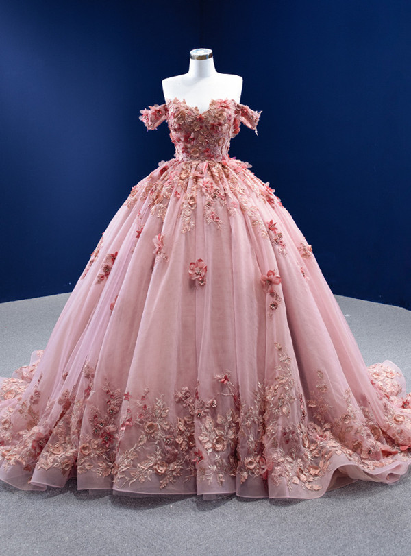 Pink Ball Gown Tulle Off the Shoulder 3D Appliques Prom Dress
