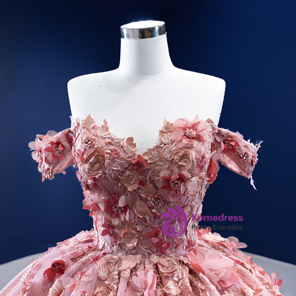 Pink Ball Gown Tulle Off the Shoulder 3D Appliques Prom Dress