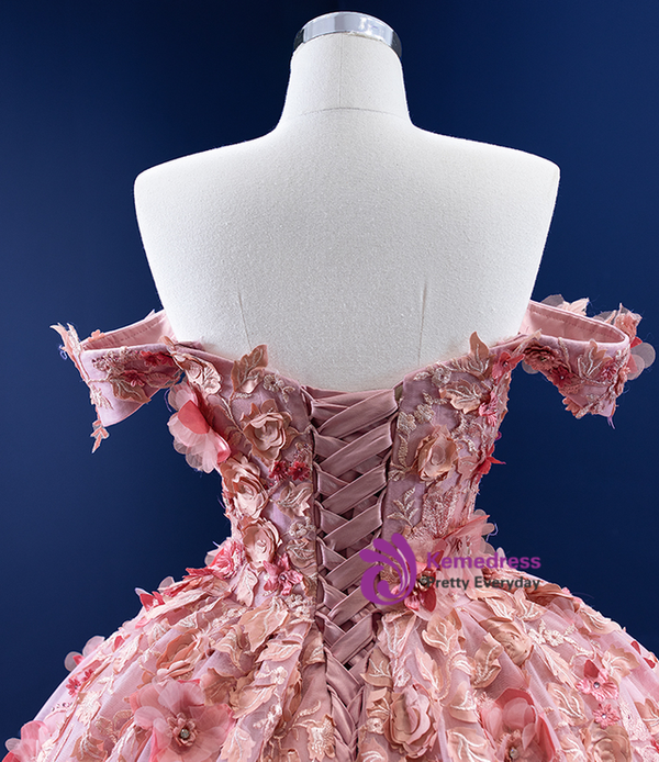 Pink Ball Gown Tulle Off the Shoulder 3D Appliques Prom Dress