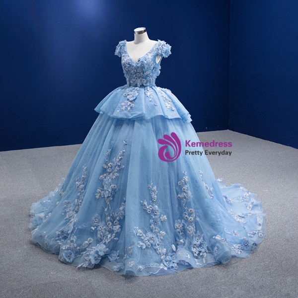 Blue V-neck Cap Sleeve Tulle Appliques Prom Dress