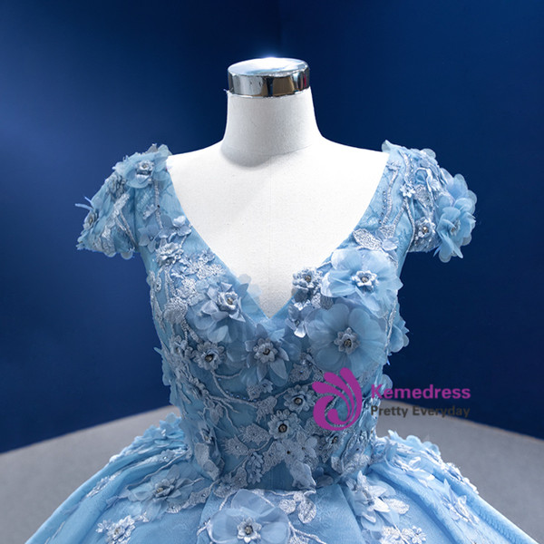 Blue V-neck Cap Sleeve Tulle Appliques Prom Dress