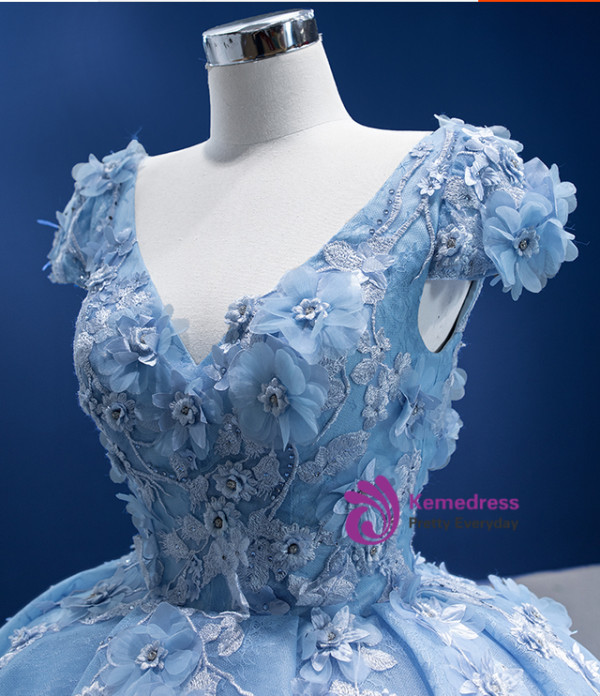 Blue V-neck Cap Sleeve Tulle Appliques Prom Dress