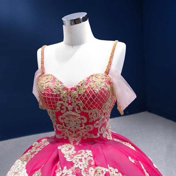 Fuchsia Satin Spaghetti Straps Gold Appliques Prom Dress