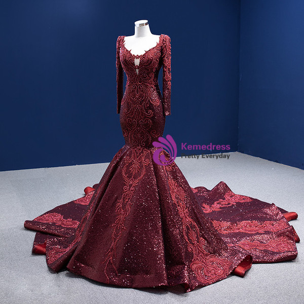 Burgundy Mermaid Sequins Long Sleeve V-neck Prom Dress