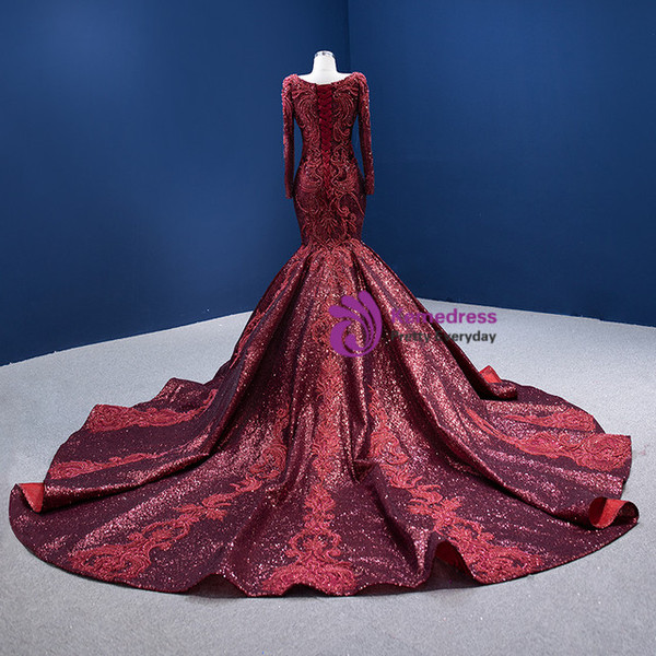 Burgundy Mermaid Sequins Long Sleeve V-neck Prom Dress