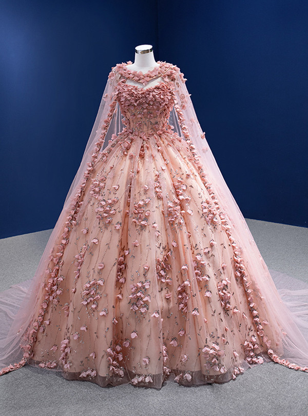 Pink Ball Gown Tulle Sequins 3D Appliques Prom Dress With Shawl