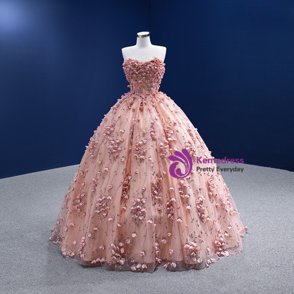 Pink Ball Gown Tulle Sequins 3D Appliques Prom Dress With Shawl
