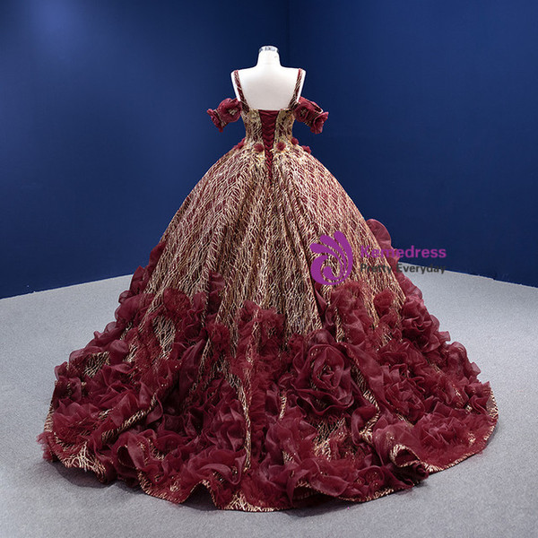 Burgundy Ball Gown Gold Sequins V-neck Prom Dress