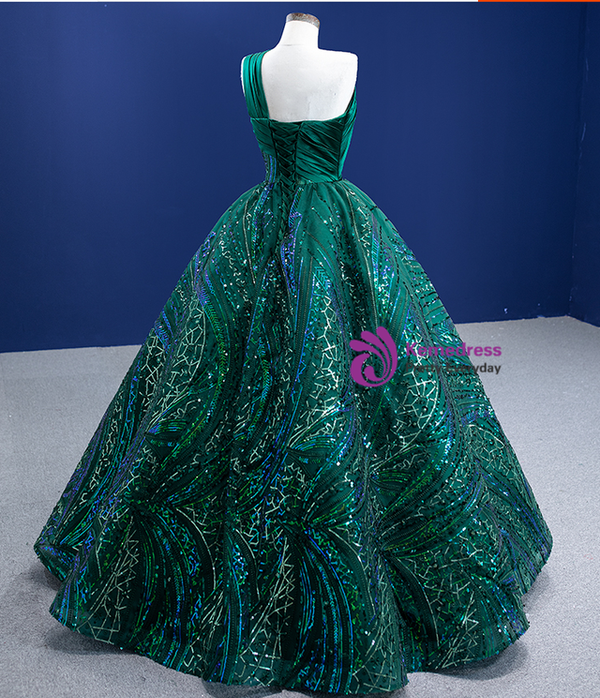 Green Sequins Satin One Shoulder Prom Dress