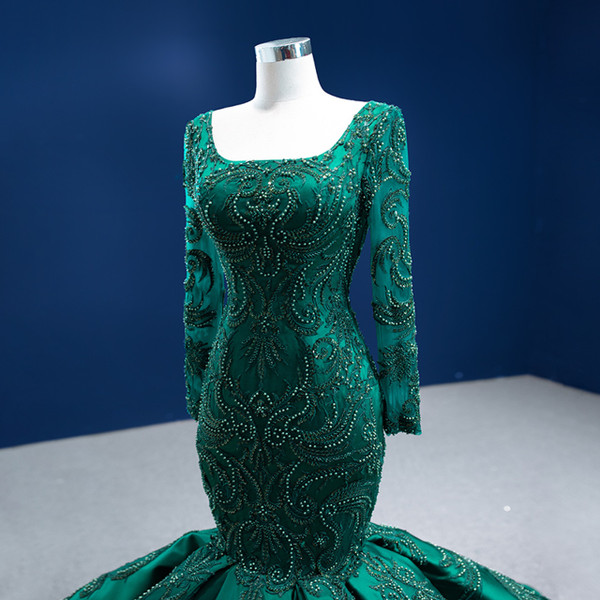 Green Mermaid Long Sleeve Square Neck Appliques Beading Prom Dress