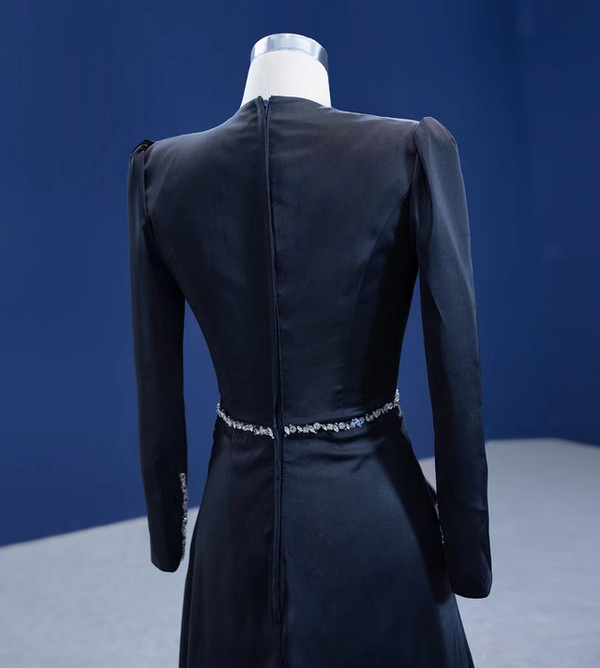 Black Satin Long Sleeve Crystal Split Prom Dress